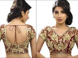 Maroon And Gold Embroidered Blouse Back Neck Design